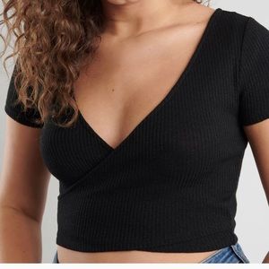 Black Ribbed Wrap Top